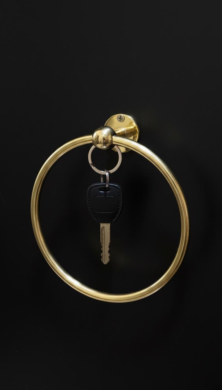 Gold key ring with a key on a black background