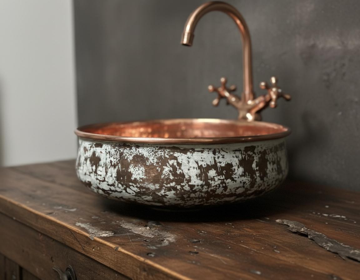 Copper sink with faucet on a wooden surface against a dark background