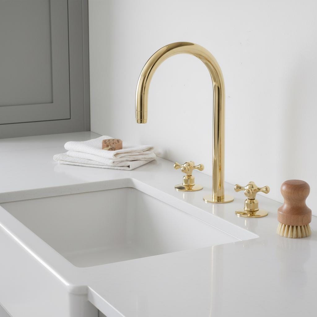 Gold kitchen faucet with a hand turning the handle on a black countertop.