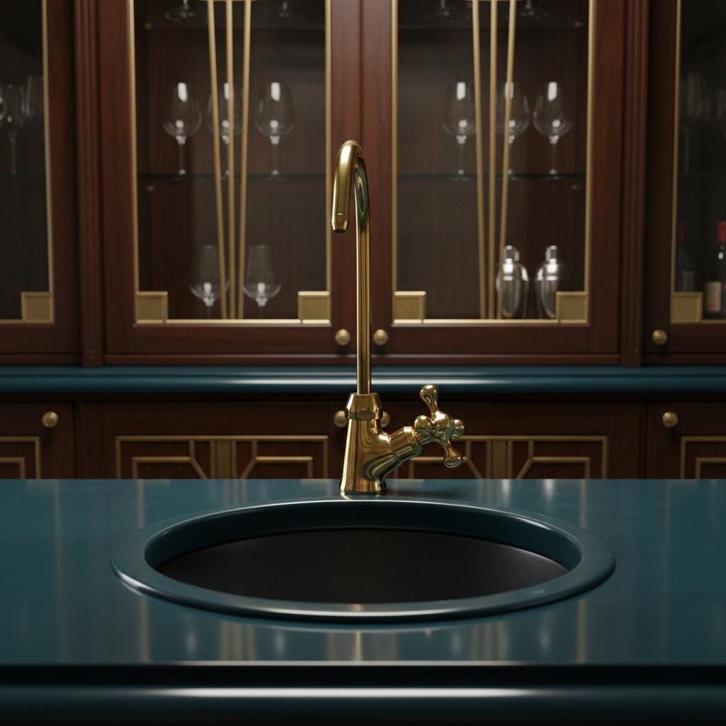 Gold faucet on a black sink in a kitchen setting with wooden cabinets and wine glasses.