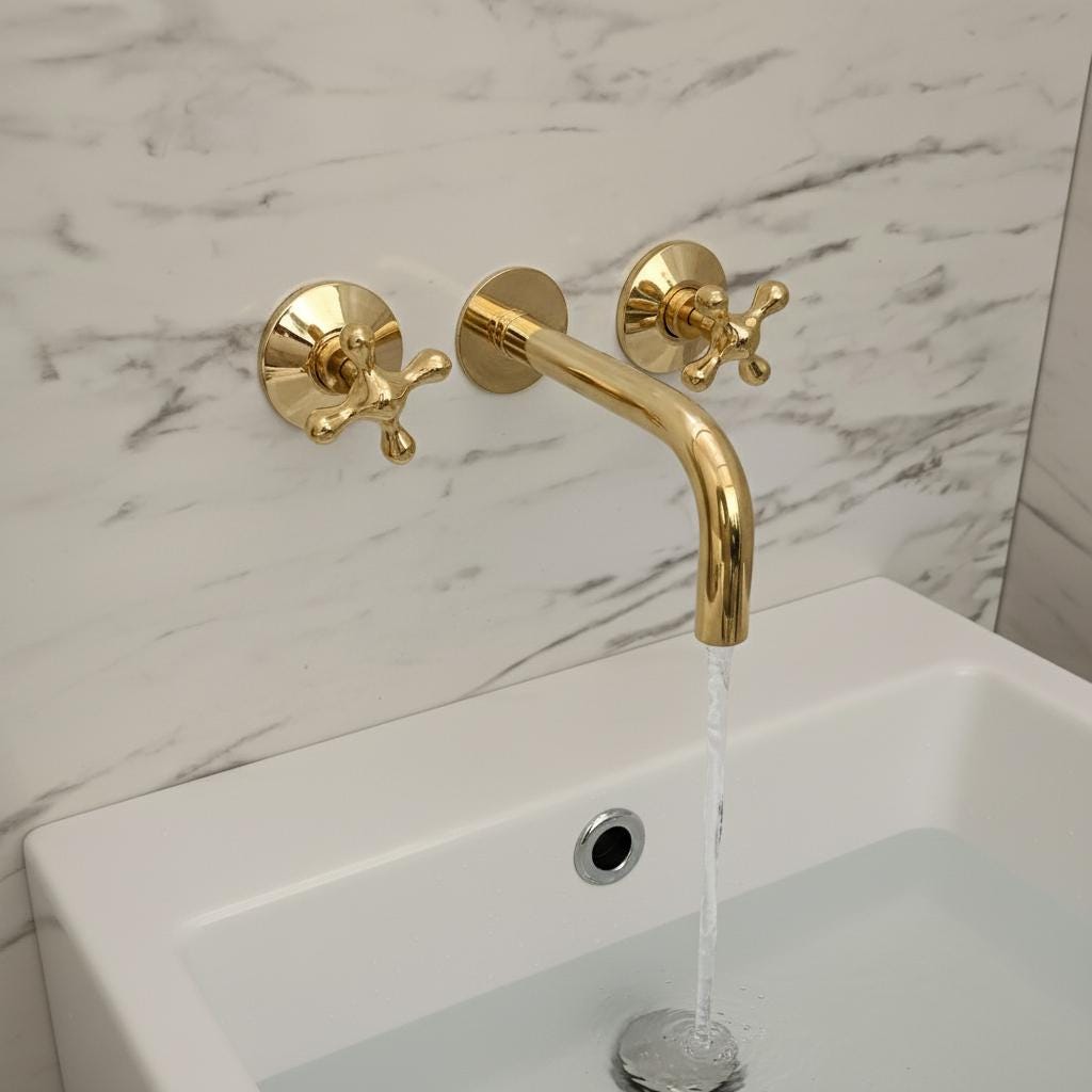 Gold faucet on a marble wall with water flowing into a sink.