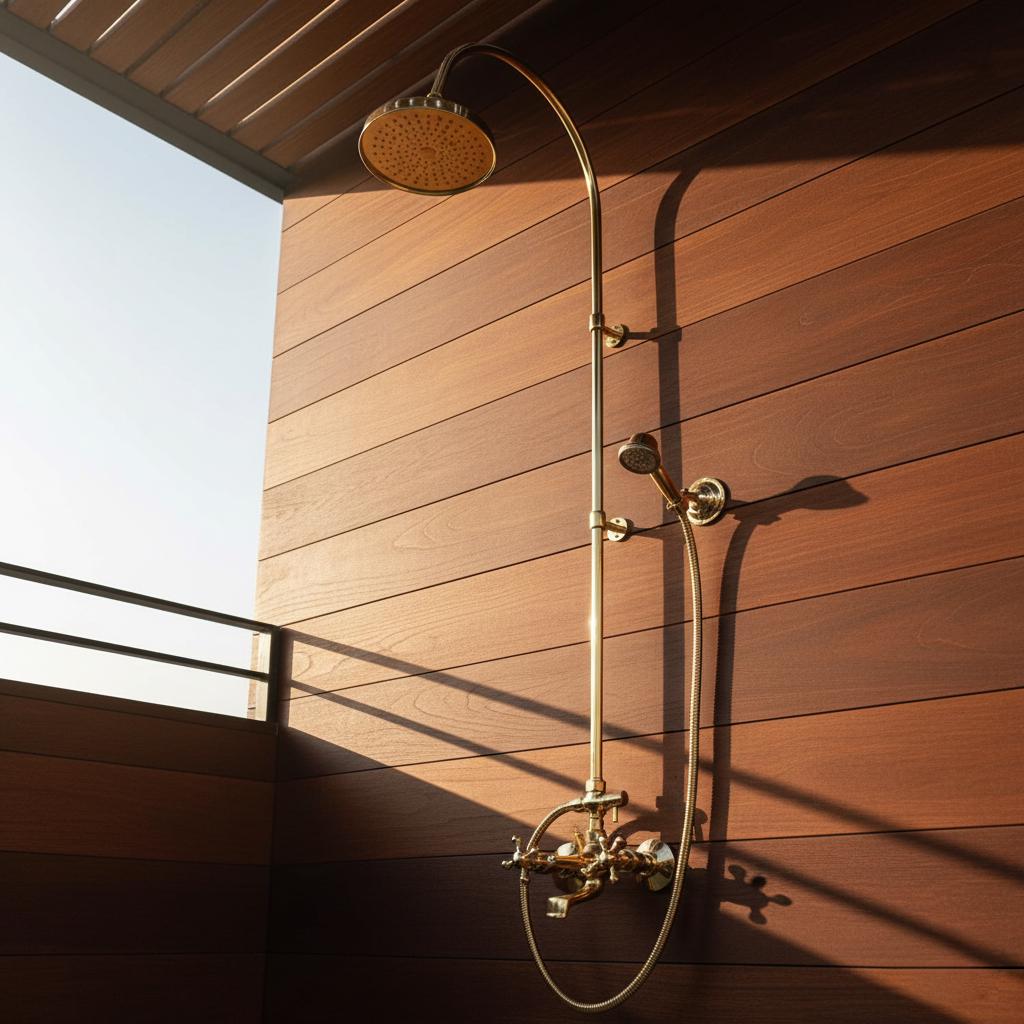 Gold shower head and fixtures mounted on a wooden wall with natural light.