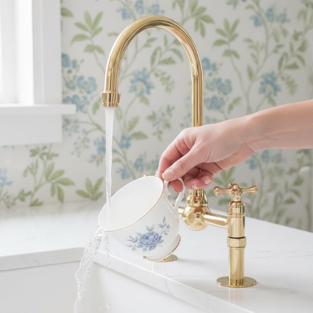 Gold faucet with a hand holding a teacup under running water, floral wallpaper in the background