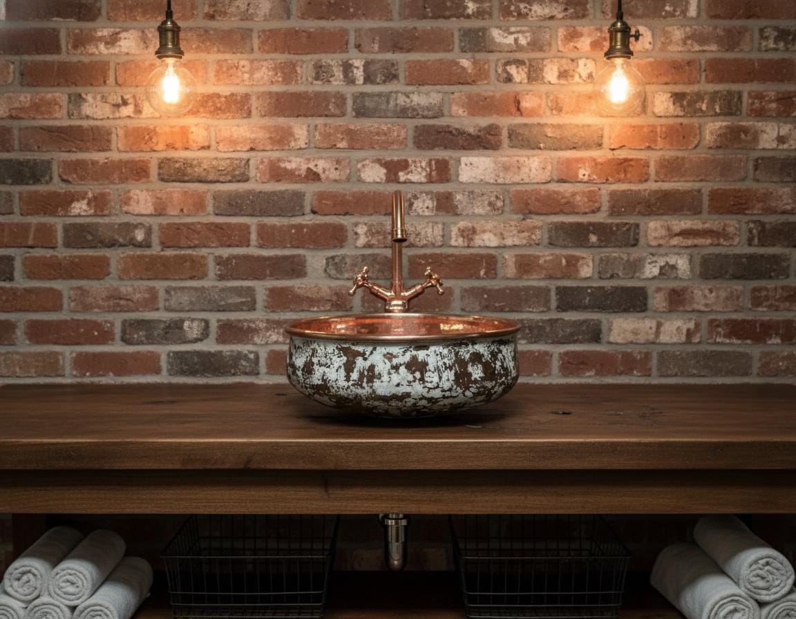 Copper sink on a wooden counter with a brick wall background