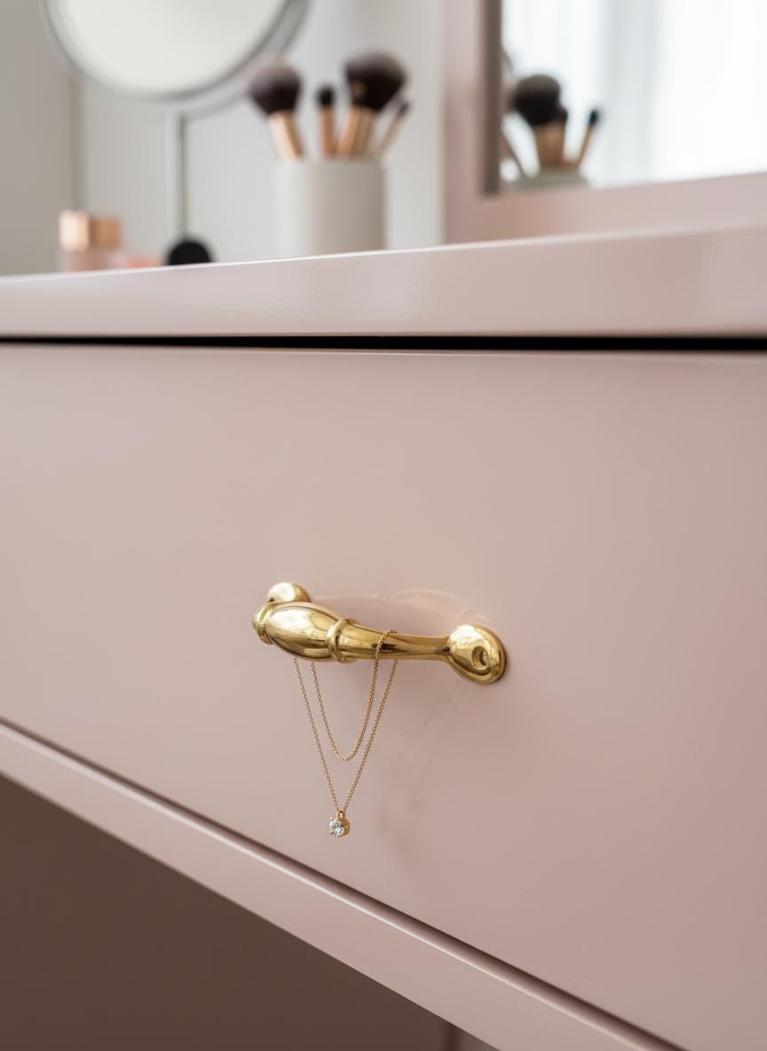 Pink vanity drawer with gold handle and necklace draped over it, with makeup brushes in the background.