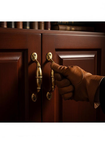 Hand in a brown leather glove opening a wooden cabinet with brass handles.