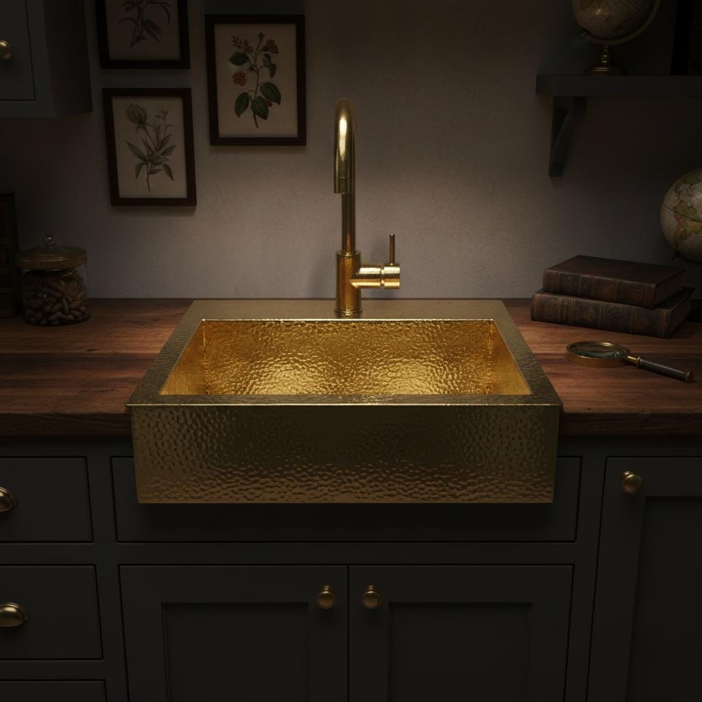 Gold sink with faucet on a wooden countertop in a dimly lit room.