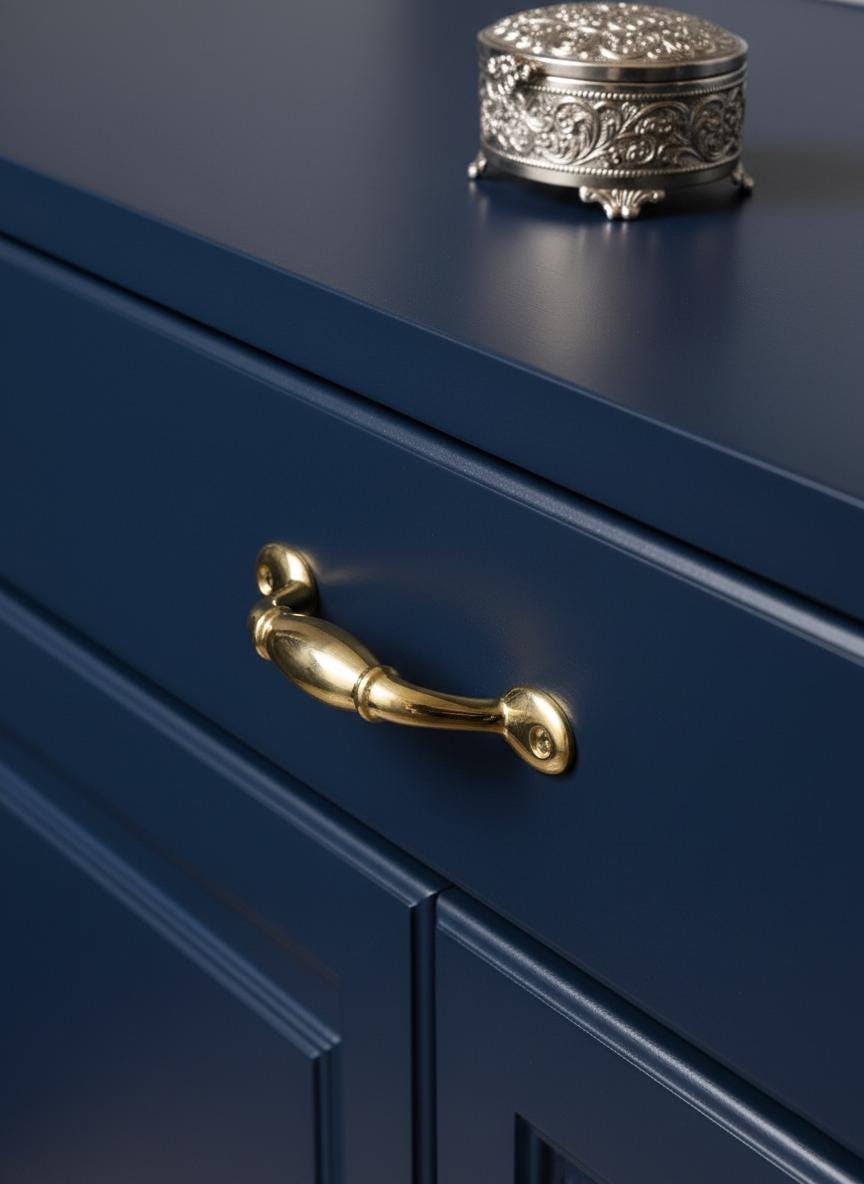 Blue cabinet with gold handle and decorative silver box on top