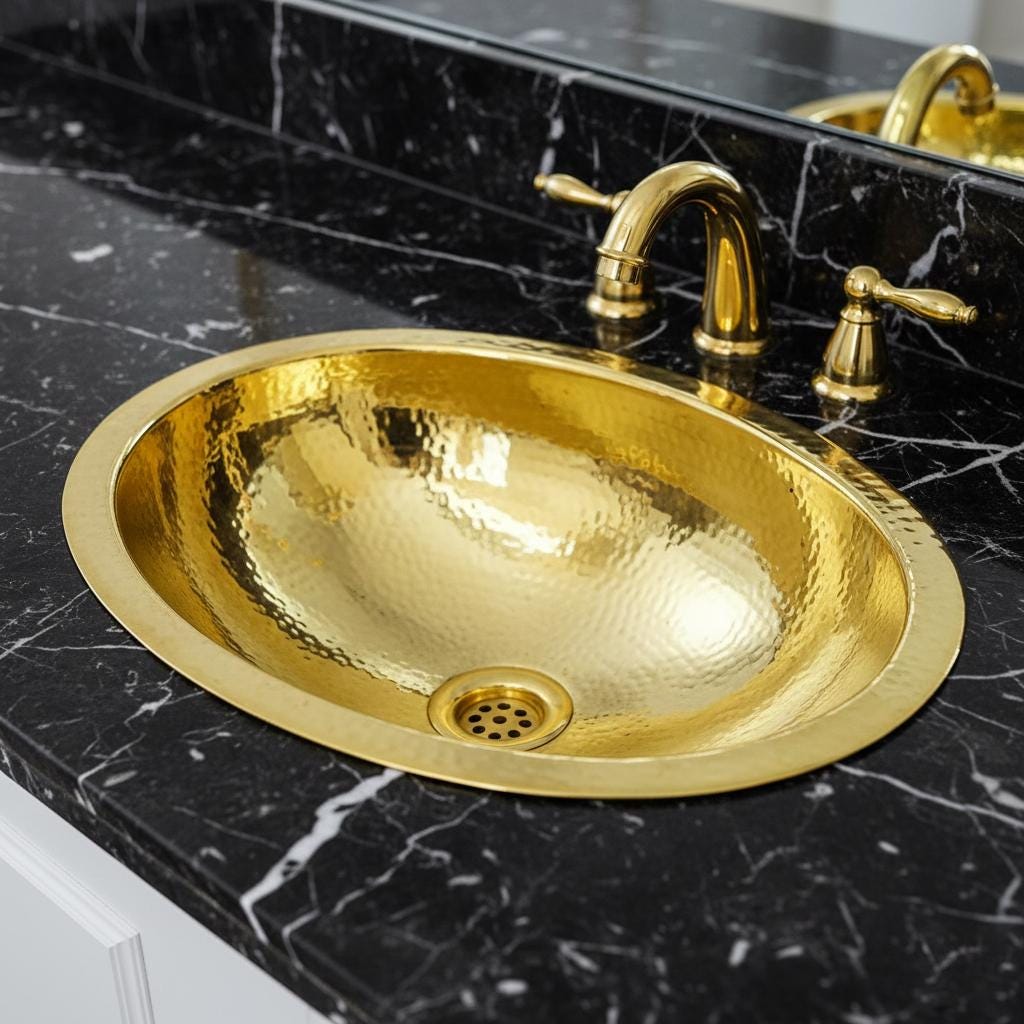 Gold sink and faucet on a black marble countertop