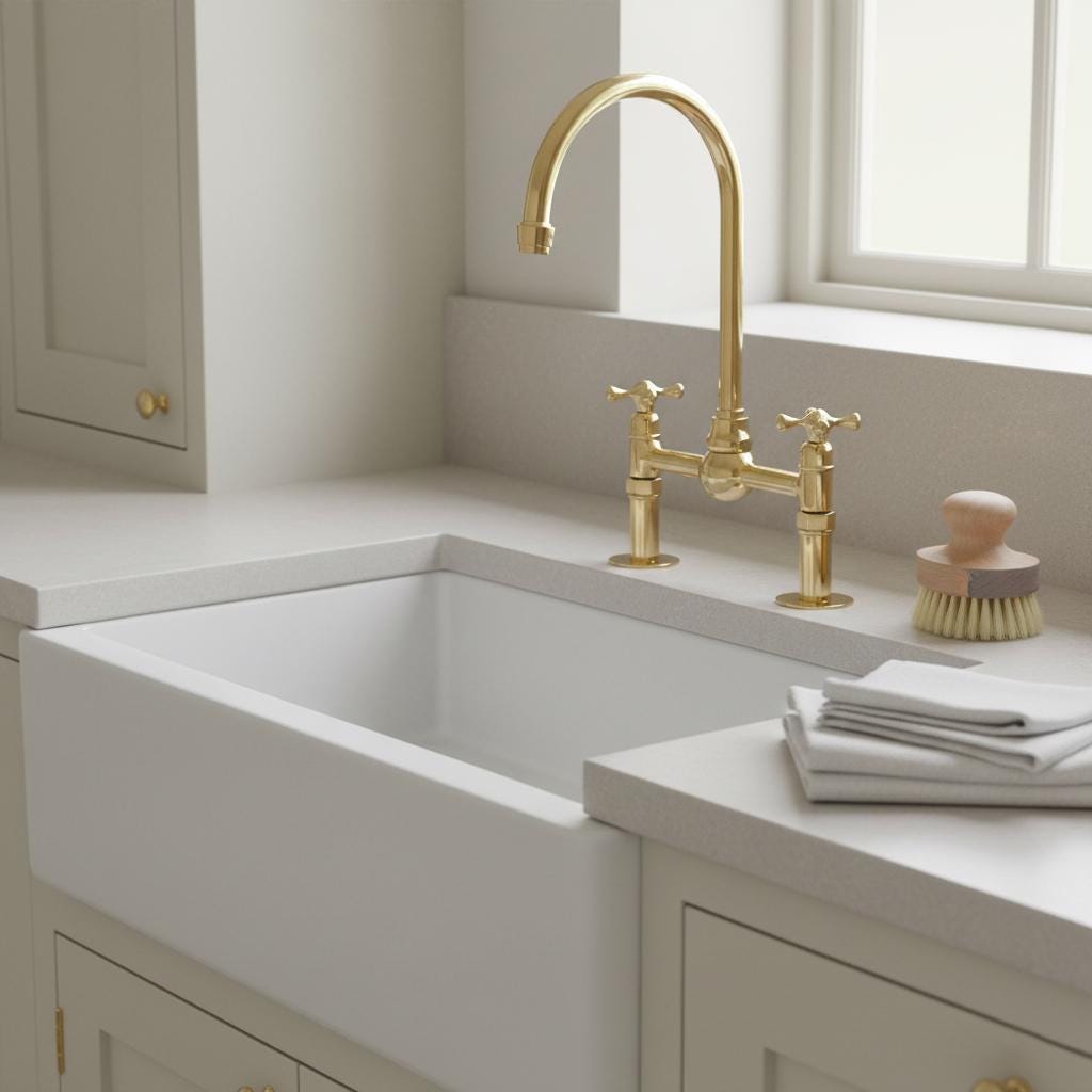 Kitchen sink with gold faucet and white countertop