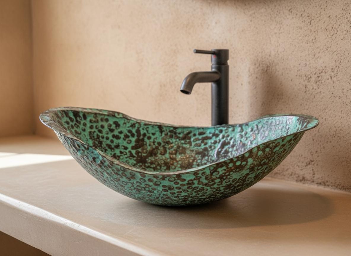 Decorative green sink with a faucet on a beige countertop
