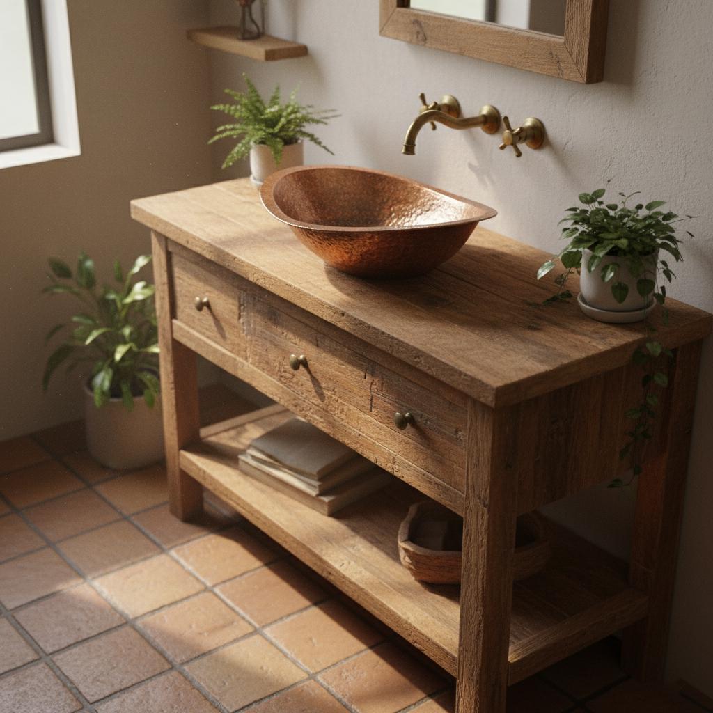 Wooden bathroom vanity with a copper sink and plants in a warm-lit room.