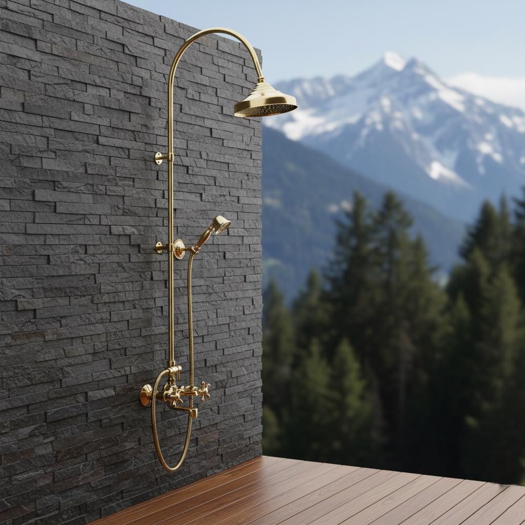 Gold shower system mounted on a stone wall with a mountainous background