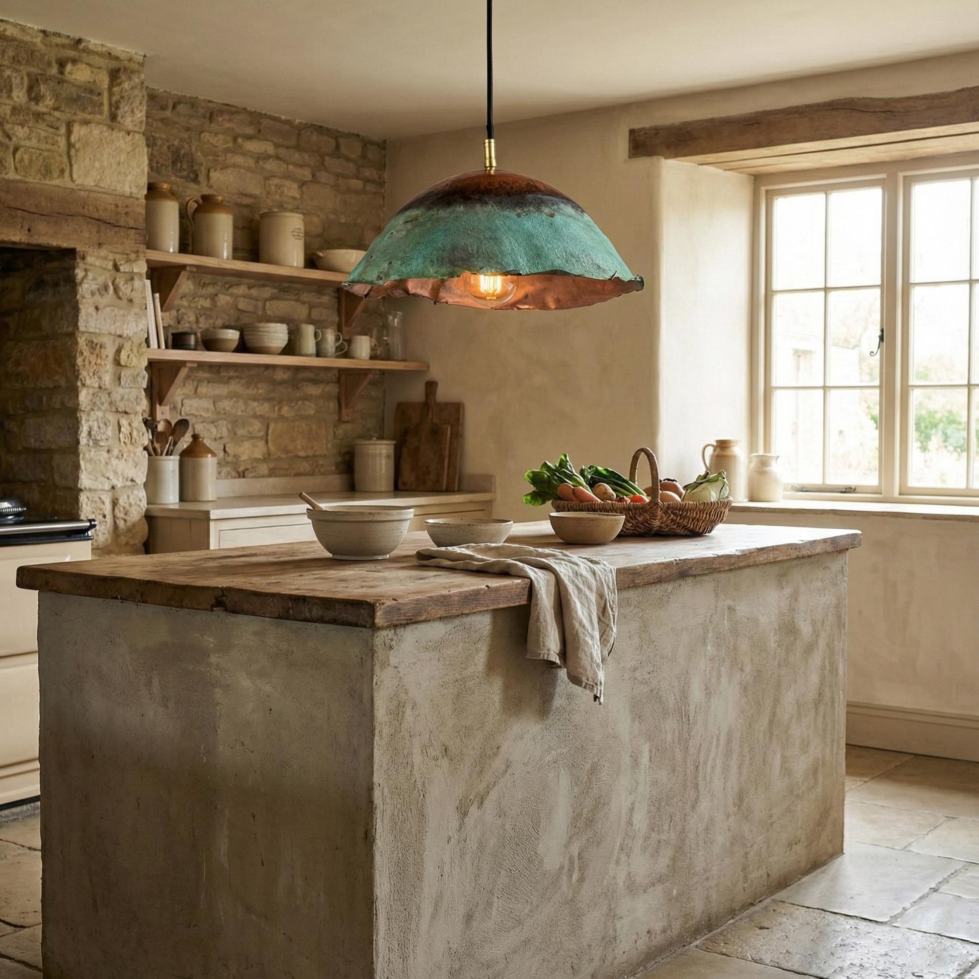 Kitchen with stone island, wooden shelves, and pendant light.