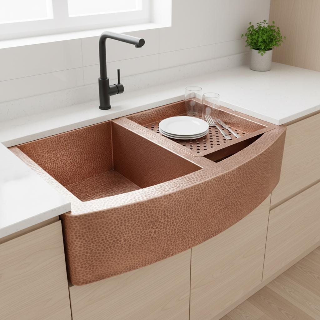 Copper kitchen sink with black faucet in a modern kitchen setting