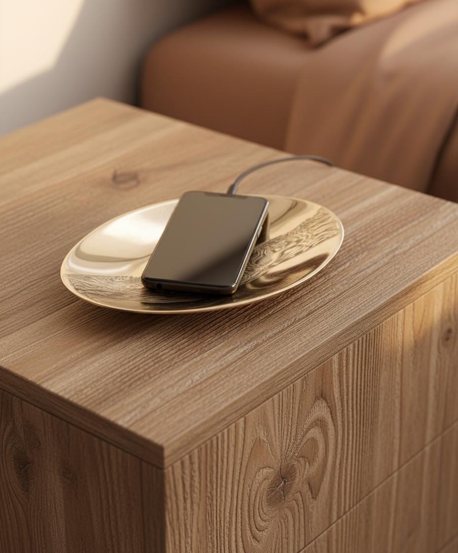 Phone on a gold plate on a wooden surface with a blurred brown sofa in the background
