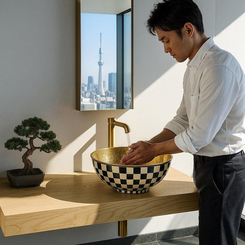 Handmade round brass vessel sink with bone and resin inlay – Moroccan bathroom countertop basin

