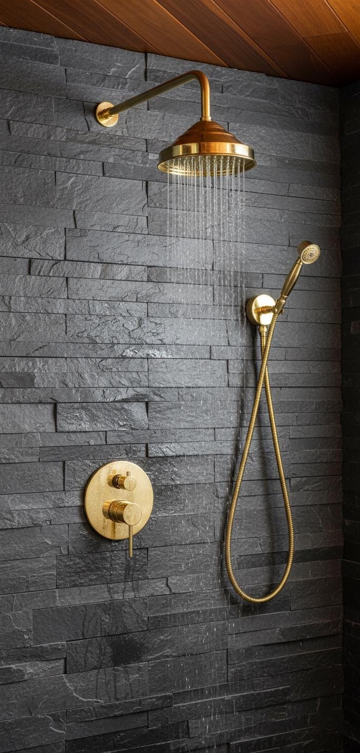 Gold shower head and control fixture on a dark stone wall