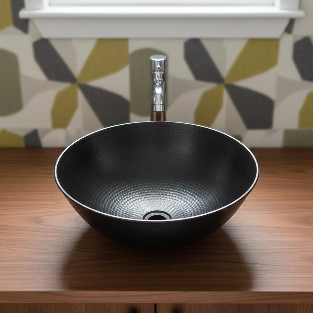 Black round sink on a wooden countertop with a patterned wall in the background