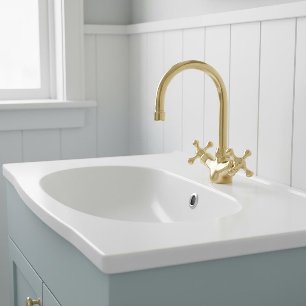 Bathroom sink with gold faucet against a white paneled wall