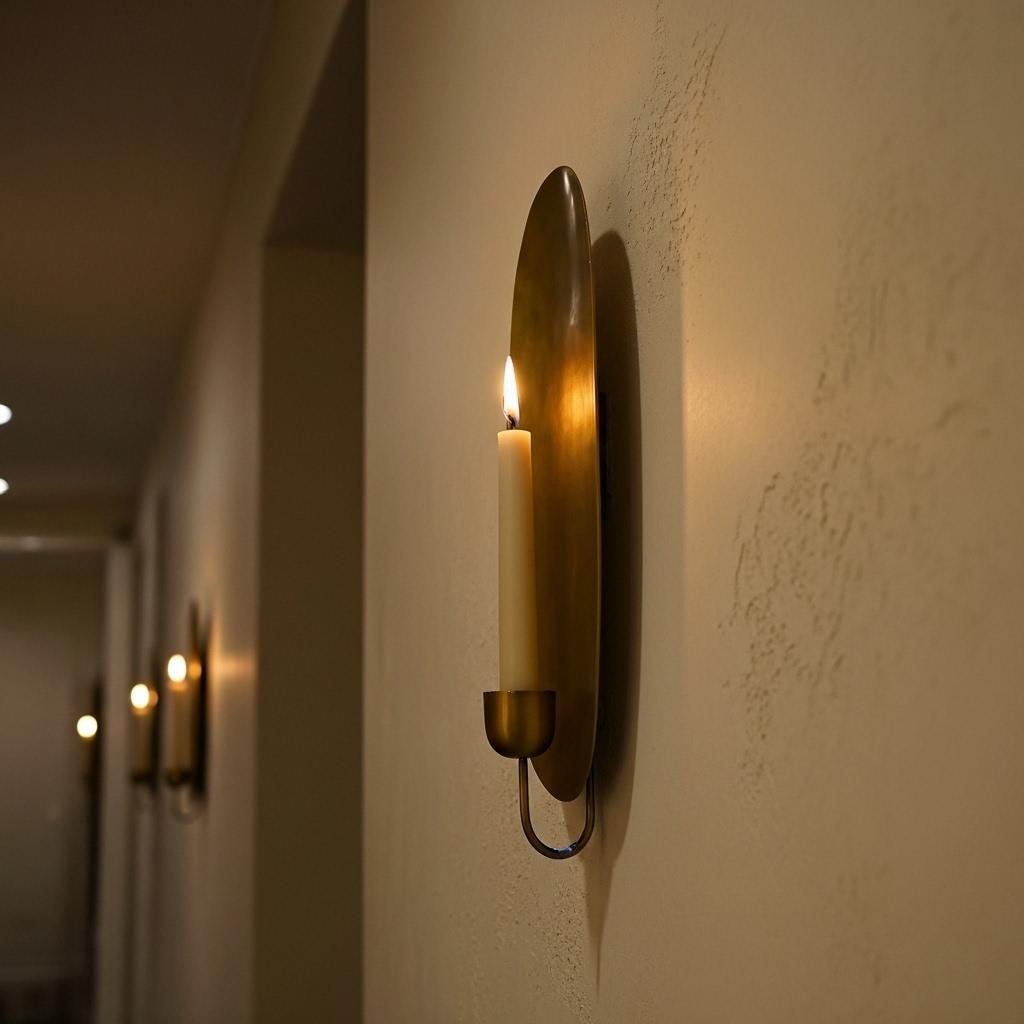 Wall-mounted candle holder with a lit candle on a neutral wall.
