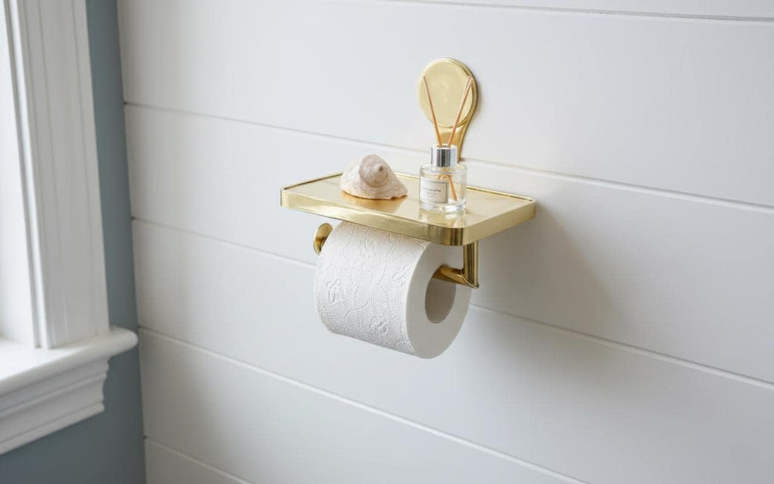 Gold wall-mounted shelf with a roll of toilet paper against a pink wall.