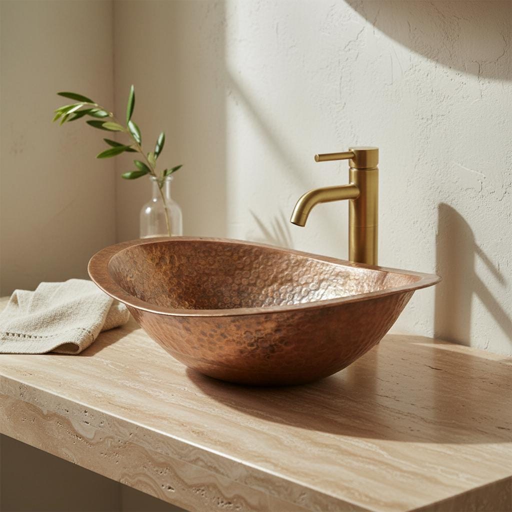 Copper sink on a wooden countertop with a gold faucet and plant in the background.