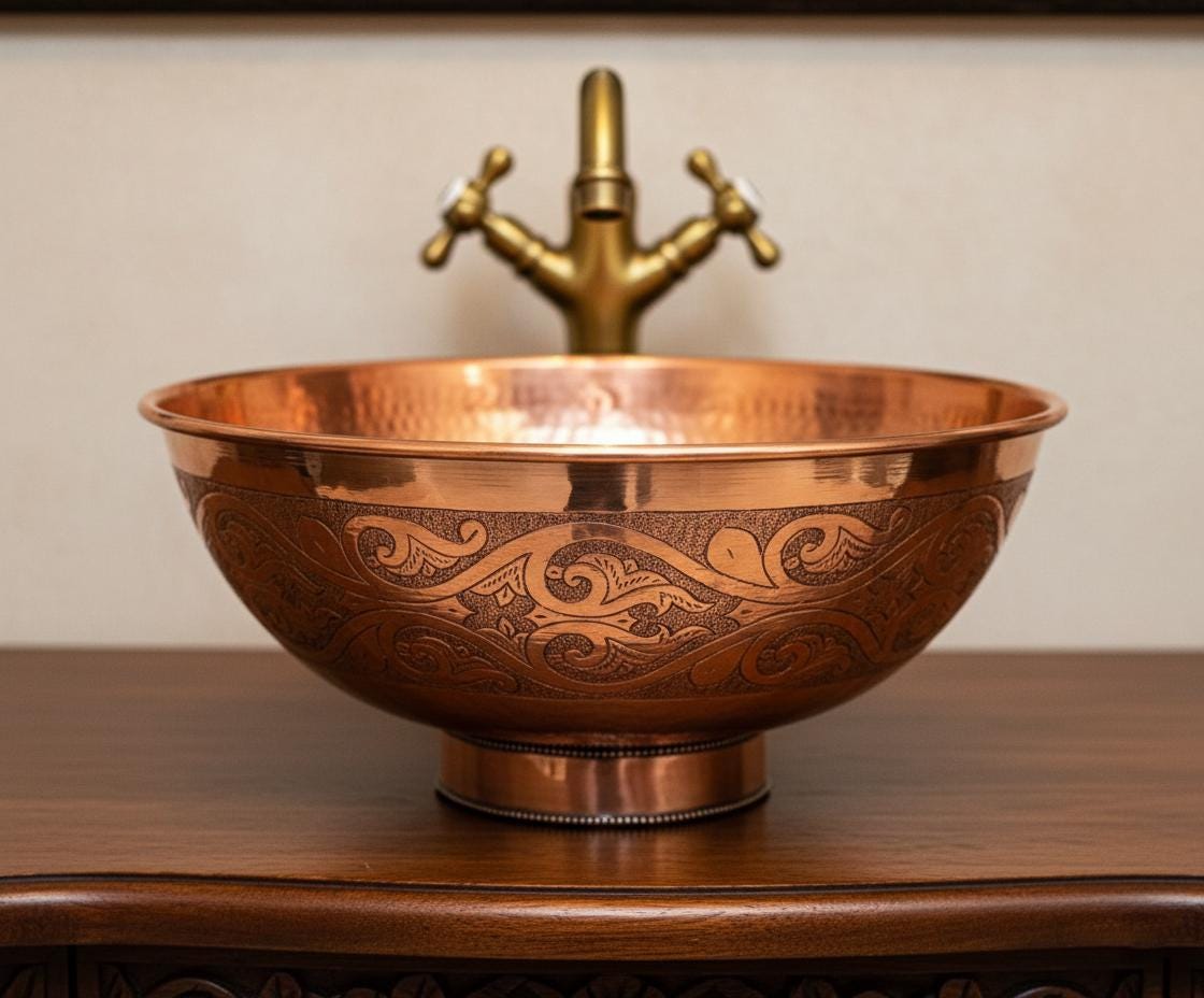 Copper sink with embossed design and brass faucet on a wooden surface.