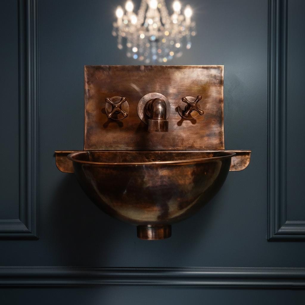 Copper wall-mounted sink with faucet against a dark blue wall with a chandelier.
