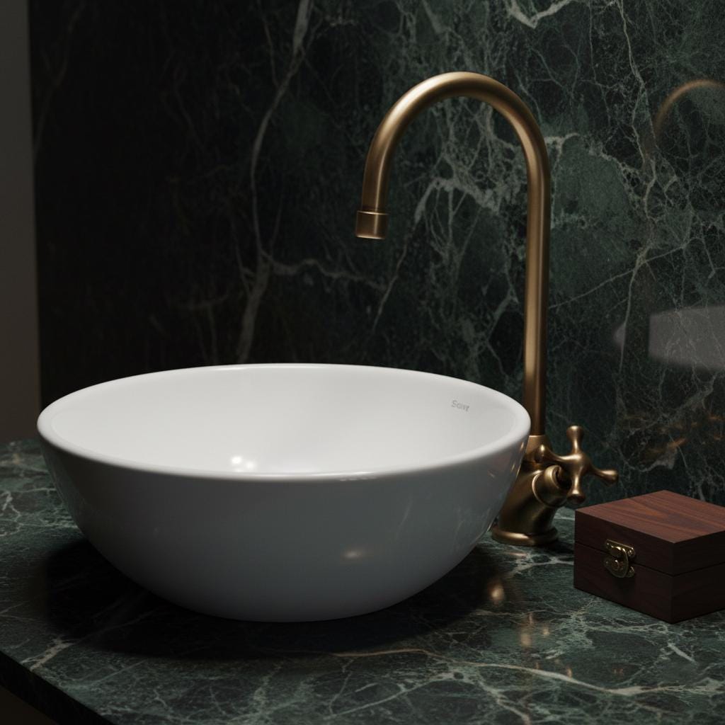 White ceramic sink with gold faucet on a dark marble countertop