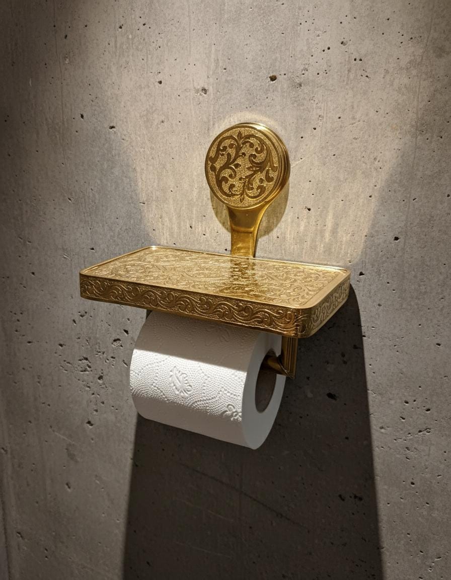 Decorative gold toilet paper holder with a concrete wall background