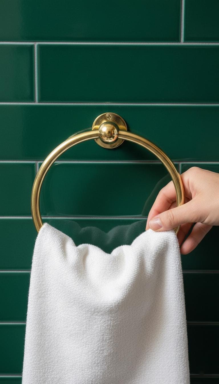 Hand hanging a white towel on a gold towel ring against a green tiled wall.