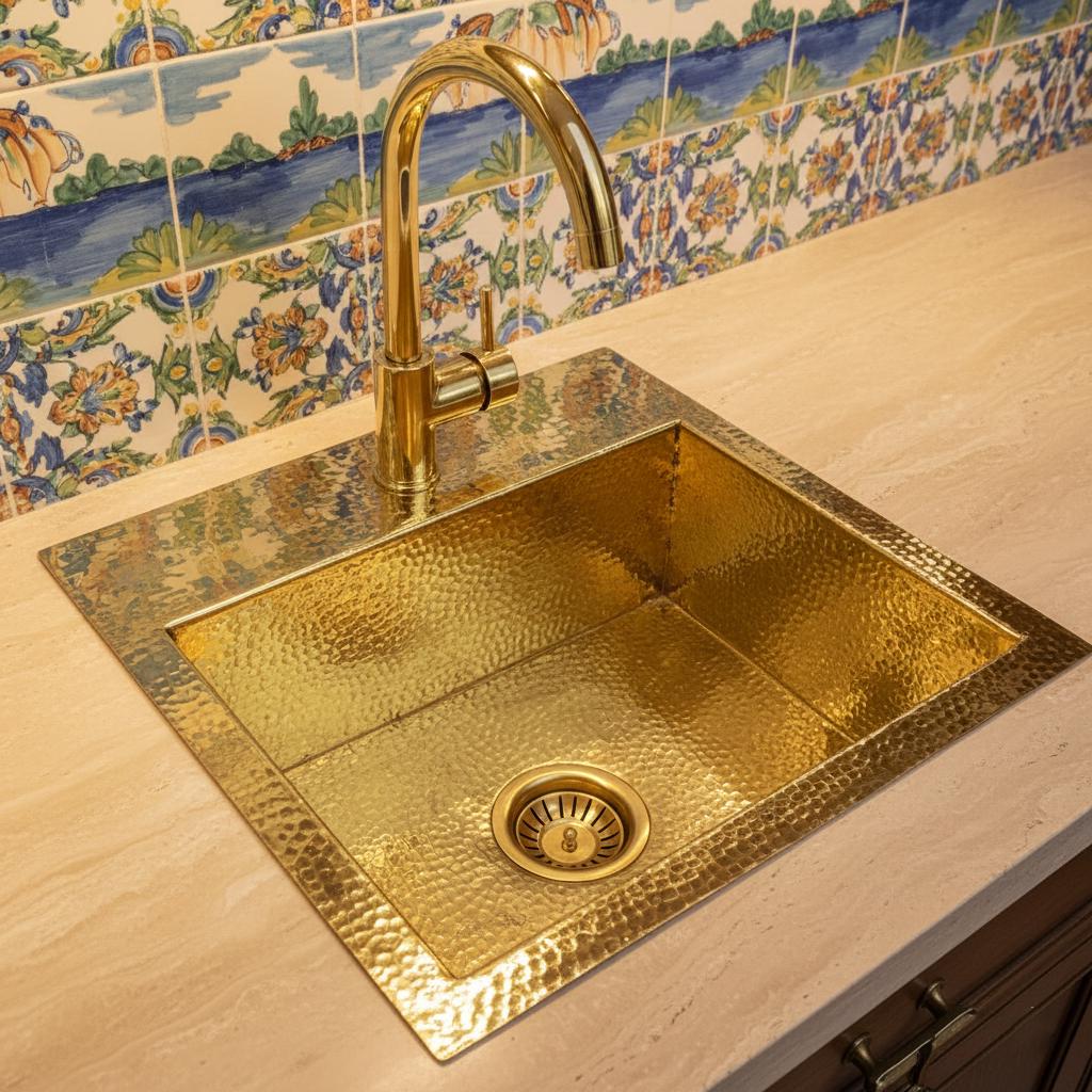 Gold kitchen sink with decorative tiles in the background