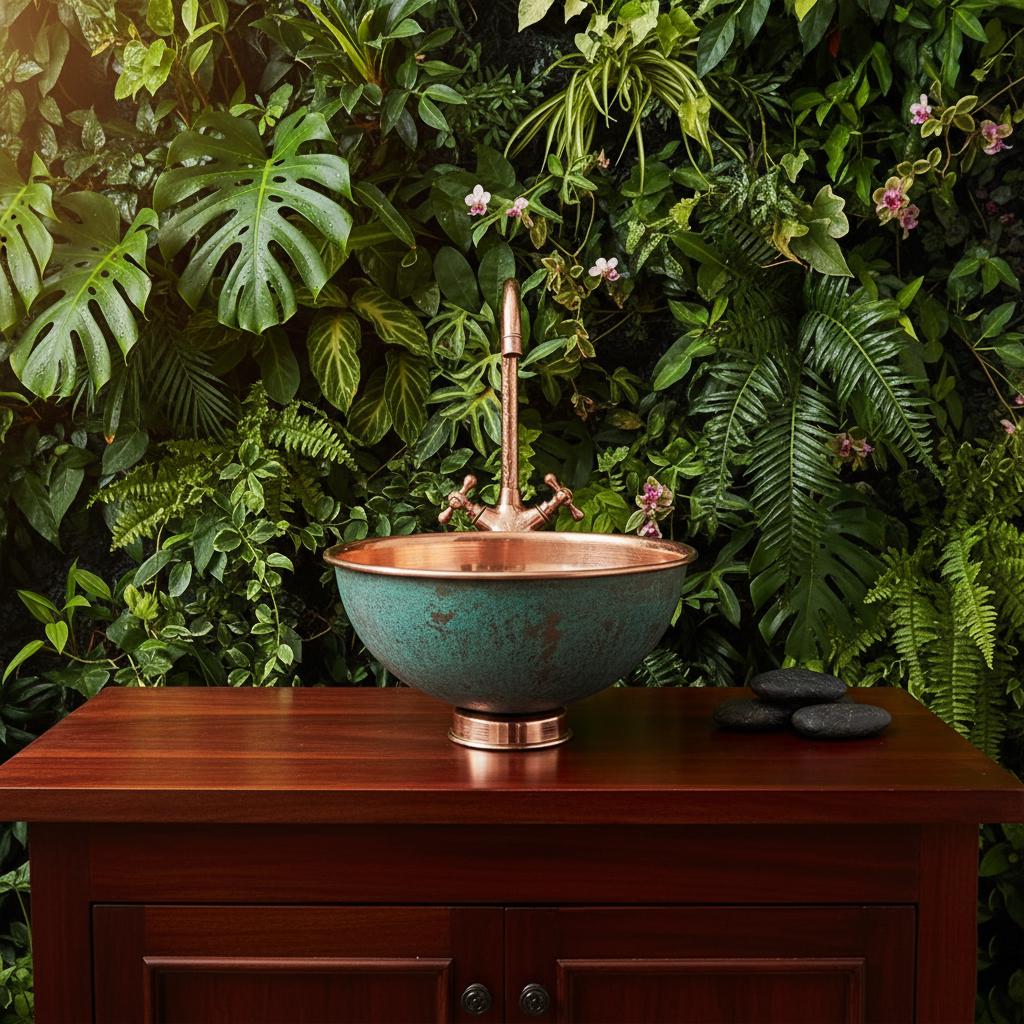 Copper sink on a wooden cabinet with lush greenery in the background