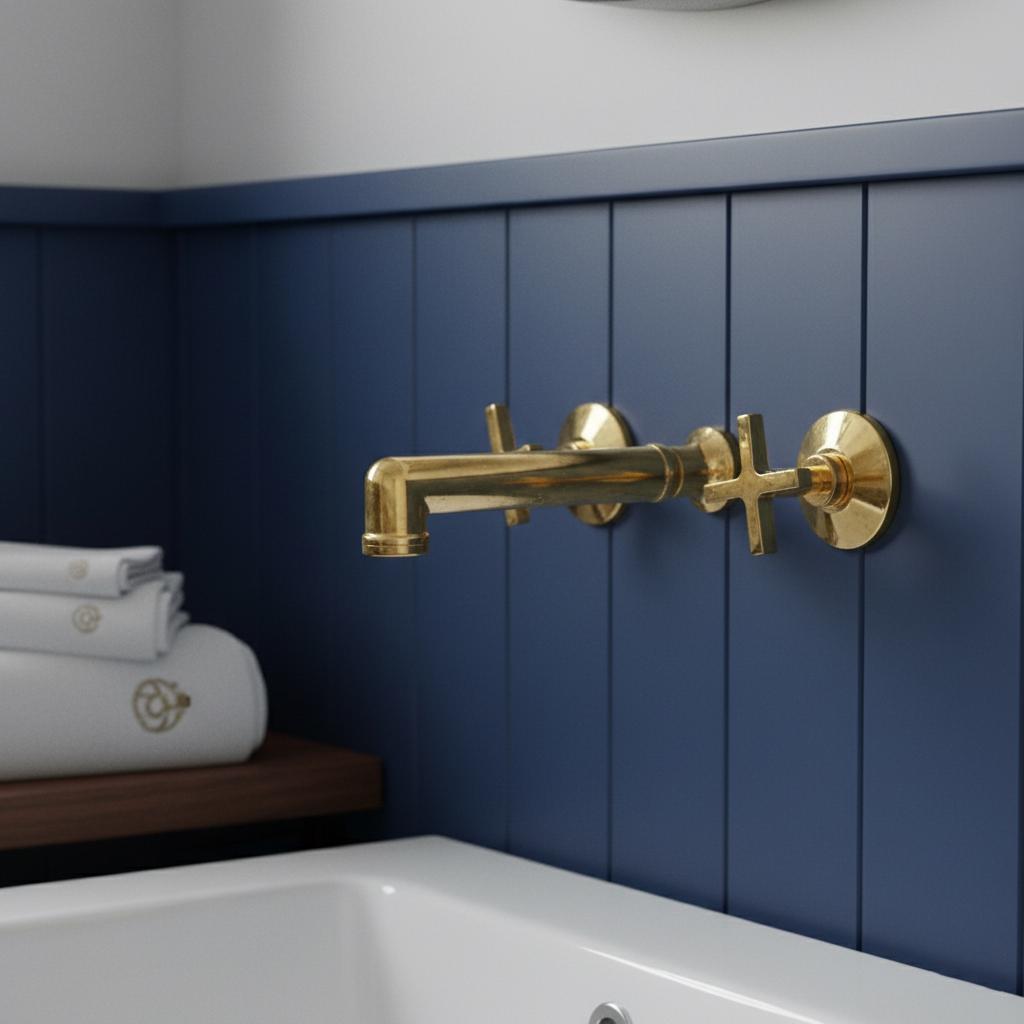 Gold faucet mounted on a blue tiled wall with white towels below.