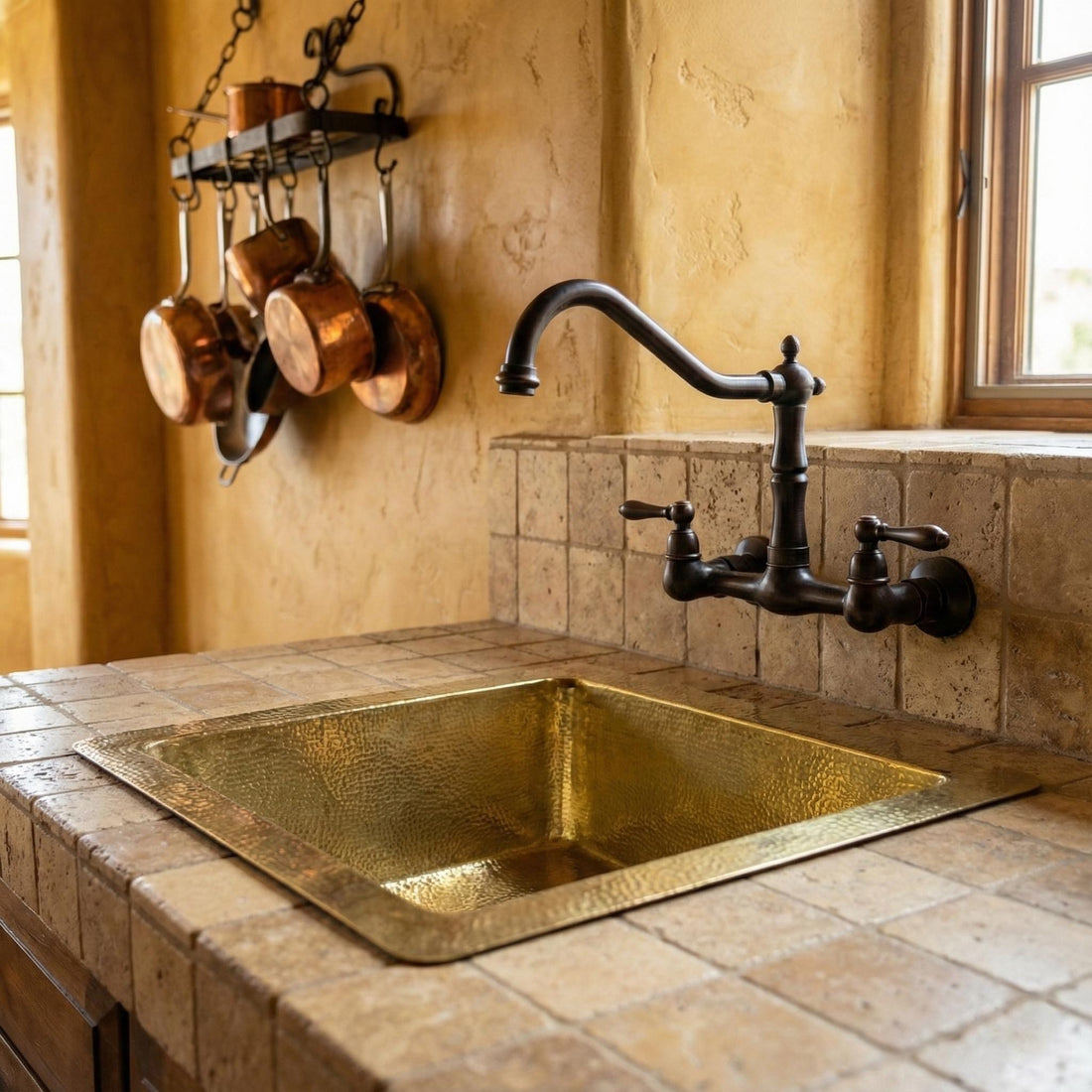 Gold kitchen sink and faucet on a wooden countertop with a kitchen background.