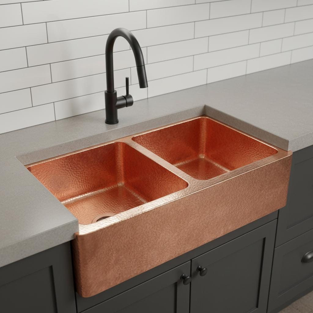 Copper farmhouse sink with black faucet in a kitchen setting