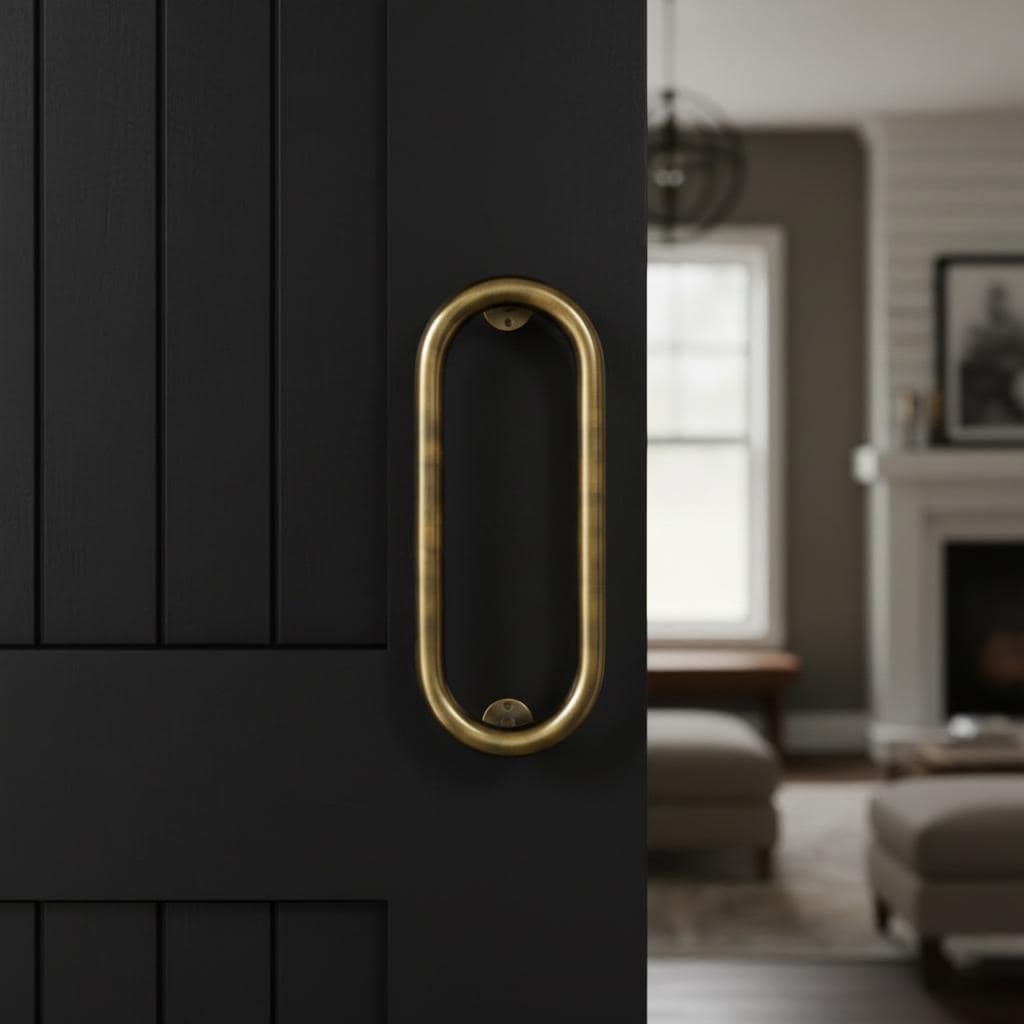 Black door with a gold handle in a room with a fireplace and sofa.