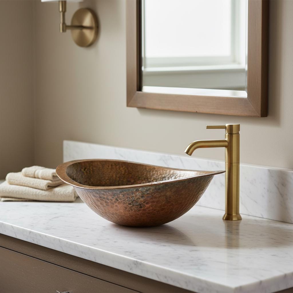 Copper sink with gold faucet on a marble countertop in a bathroom setting.