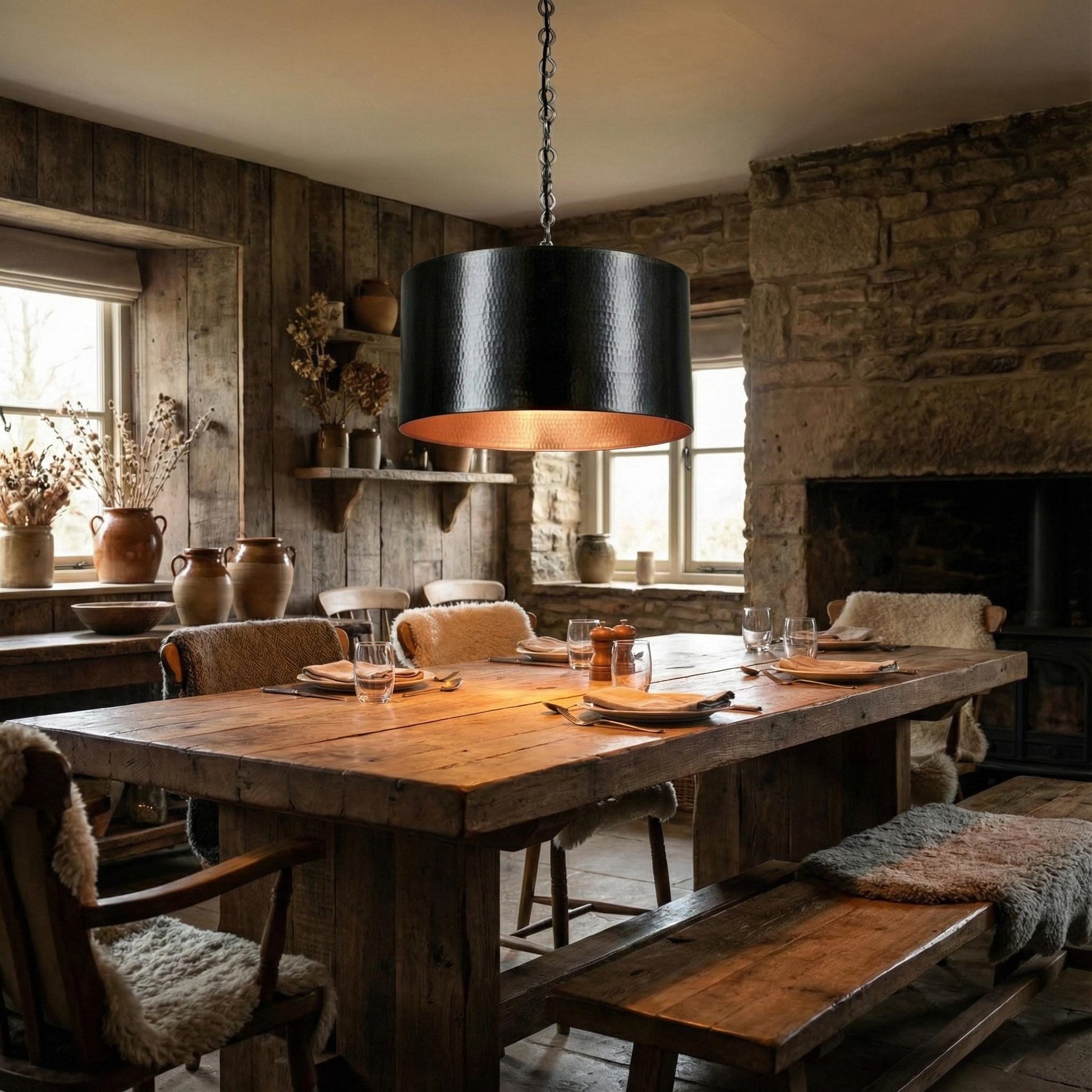 Dining room with wooden table, chairs, and a black pendant light.