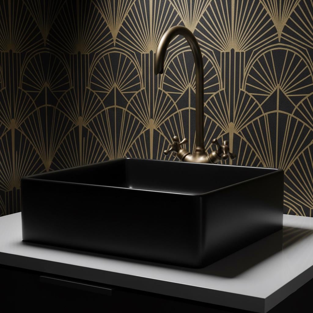 Black rectangular sink with gold faucet against a decorative wall.