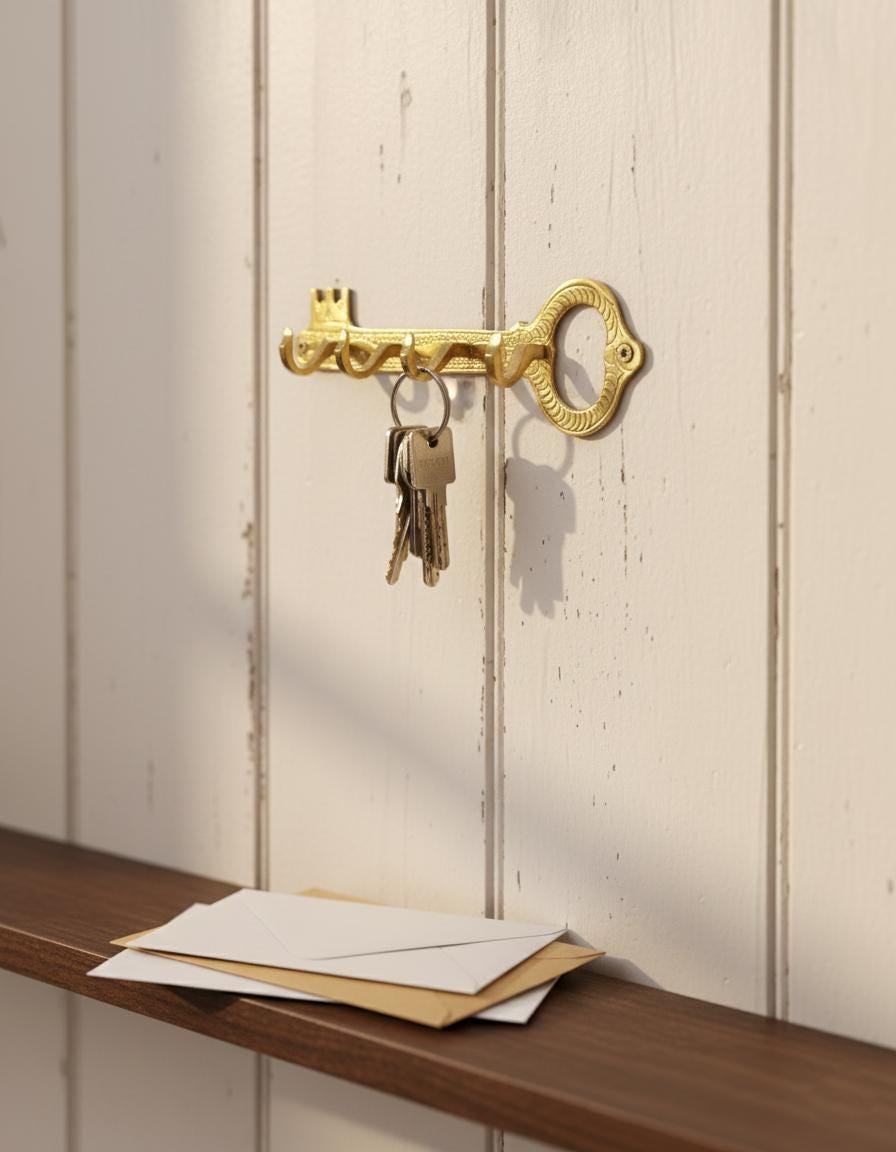 Decorative gold key-shaped hook on a wall with keys and an envelope below.