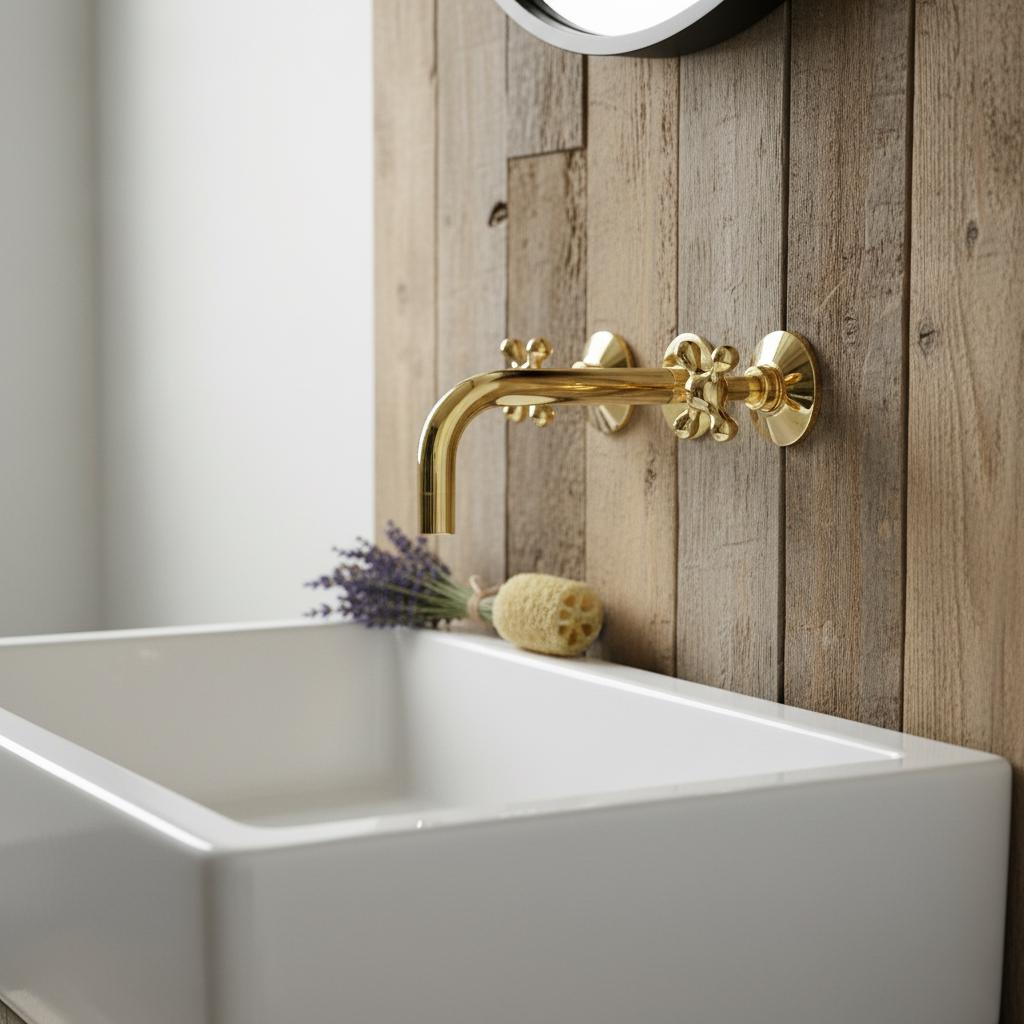 Gold faucet on a white sink with a wooden wall background