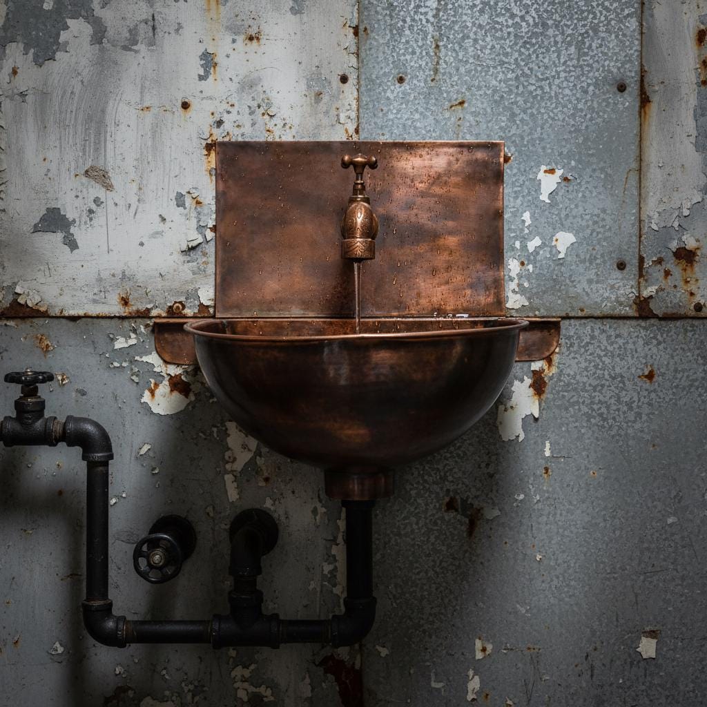 Rustic copper sink mounted on a textured metal wall.