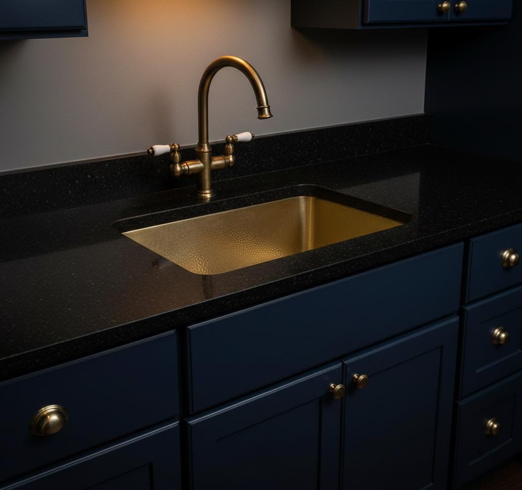 Gold sink and faucet in a darkly lit kitchen with blue cabinets.