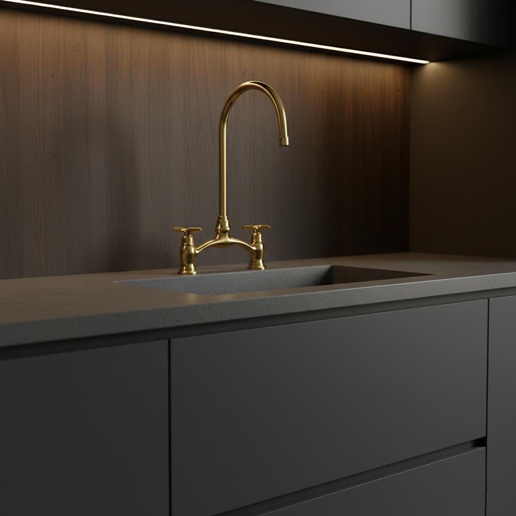 Modern kitchen sink with gold faucet against a dark wooden wall.