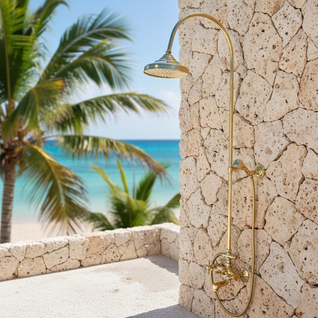 Outdoor shower with stone wall and palm trees in the background