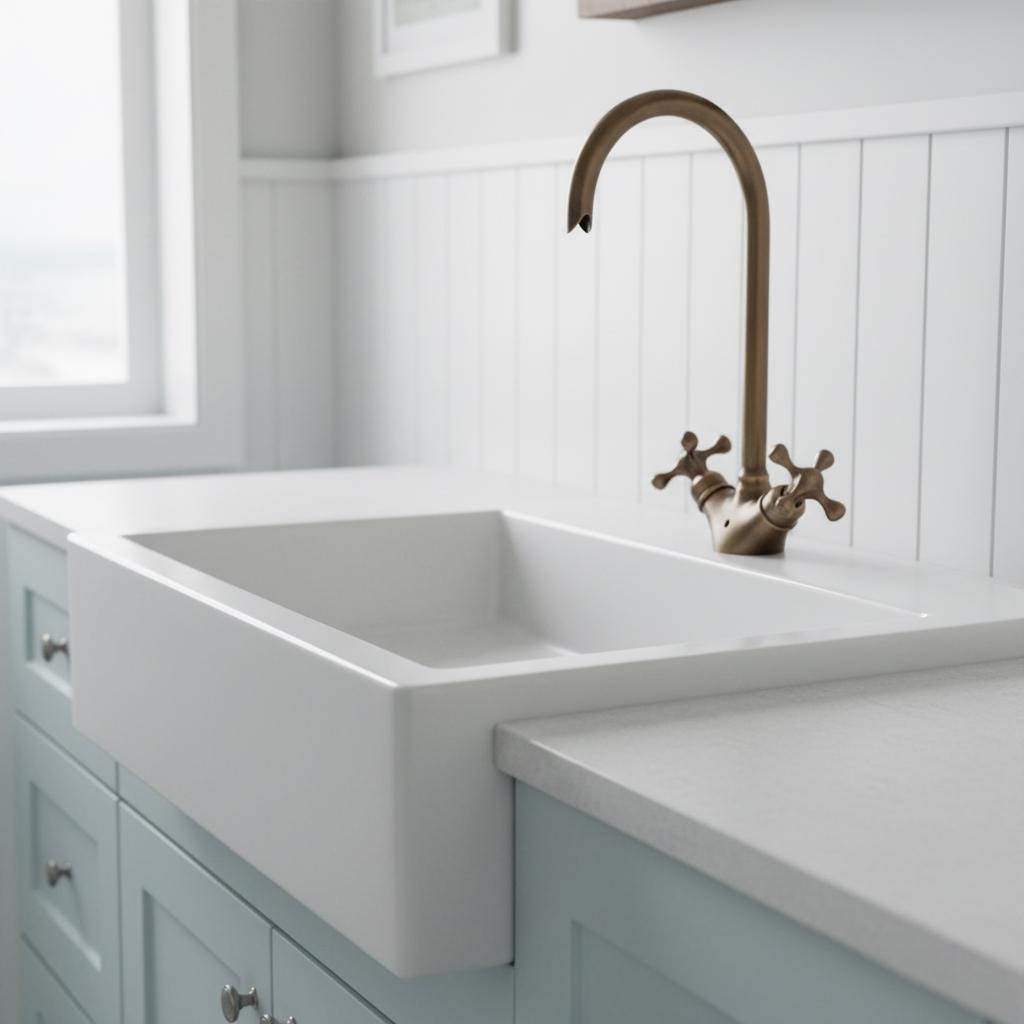 White kitchen sink with bronze faucet in a modern kitchen setting