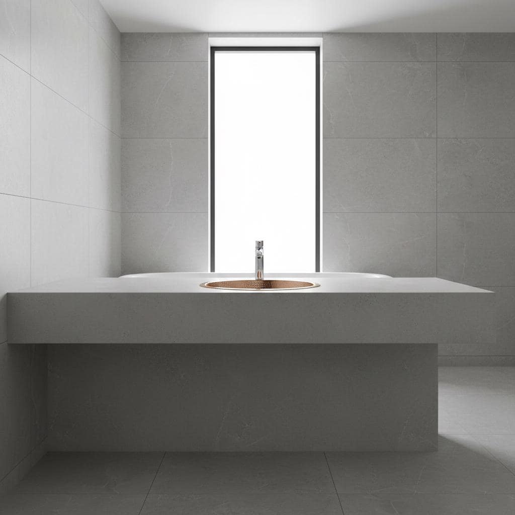 Modern bathroom with a minimalist design featuring a white countertop and a window.