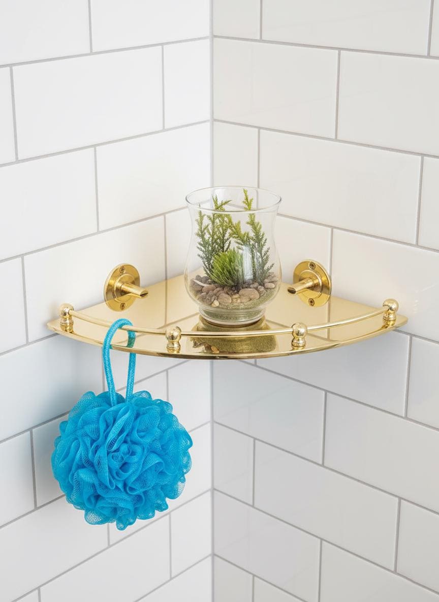 Gold corner shelf with a blue loofah and plant on a tiled bathroom wall.